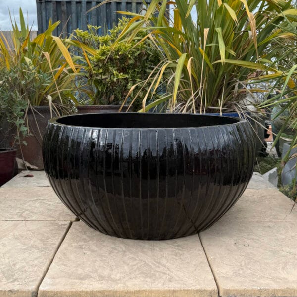 Glazed Black Ribbed Low Bowl - Image 2