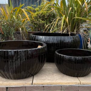 Glazed Black Ribbed Low Bowl
