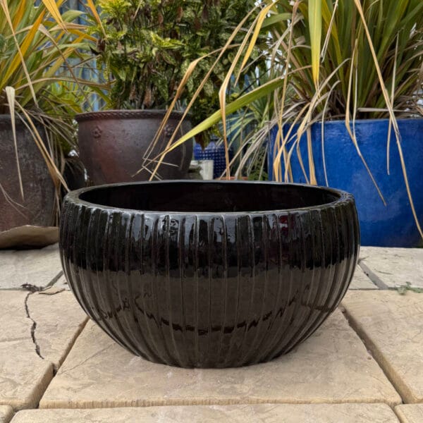 Glazed Black Ribbed Low Bowl - Image 4