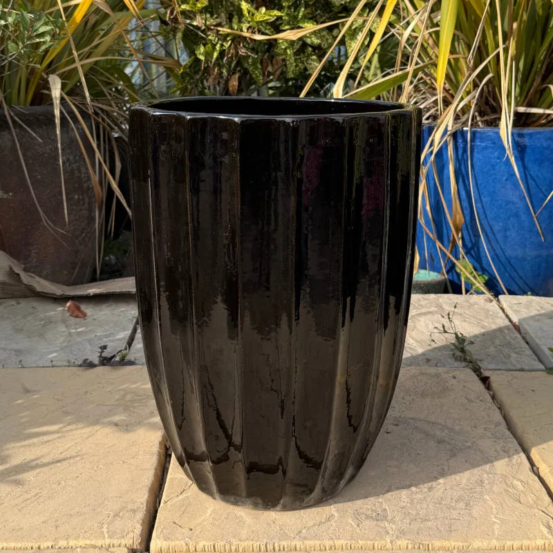 Glazed Black Ribbed Tall Cylinder - Image 3