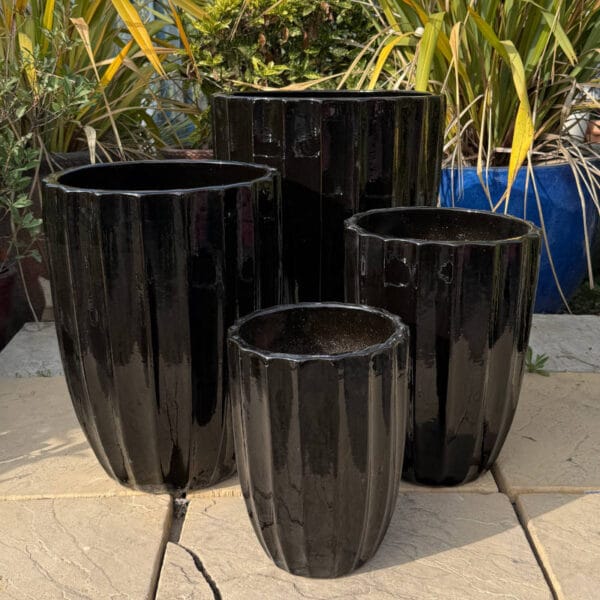 Glazed Black Ribbed Tall Cylinder