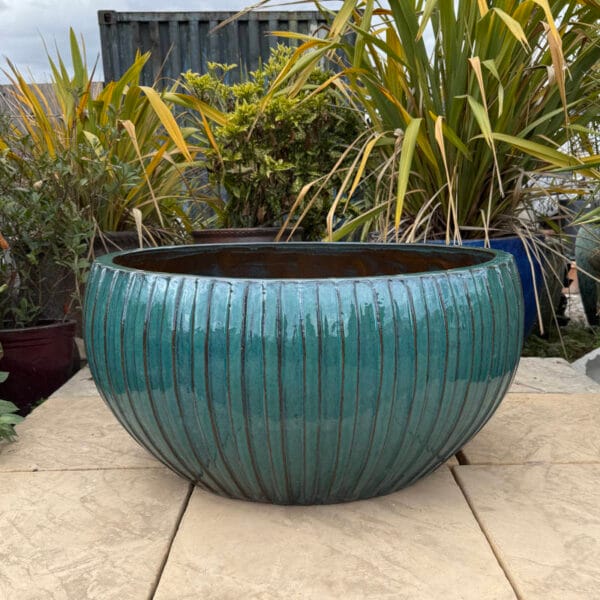 Glazed Green Ribbed Low Bowl - Image 2