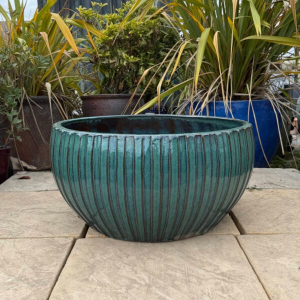 Glazed Green Ribbed Low Bowl - Image 3