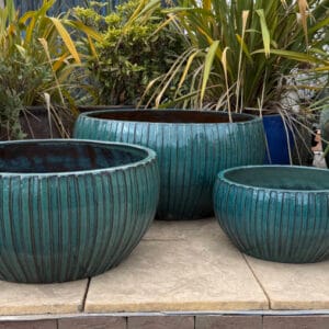 Glazed Green Ribbed Low Bowl