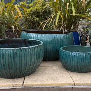 Glazed Green Ribbed Low Bowl