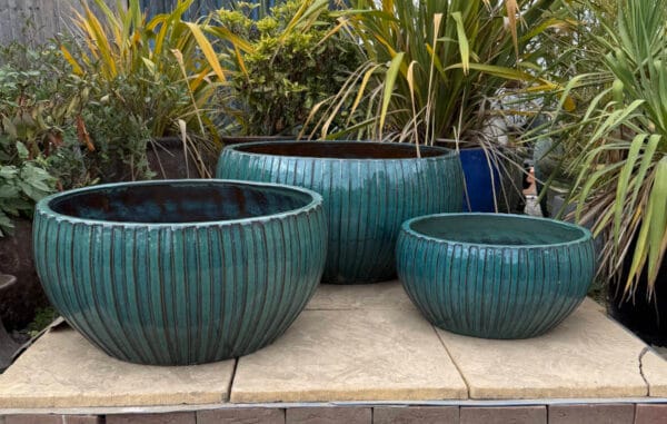 Glazed Green Ribbed Low Bowl