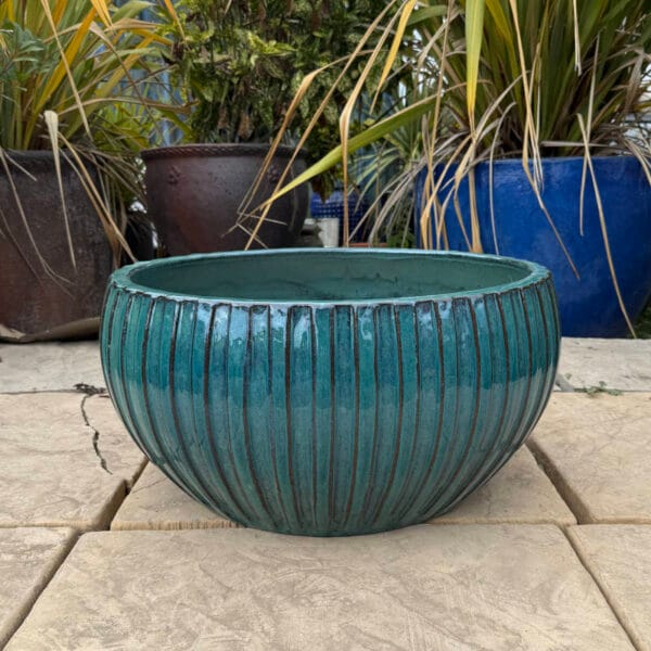 Glazed Green Ribbed Low Bowl - Image 4