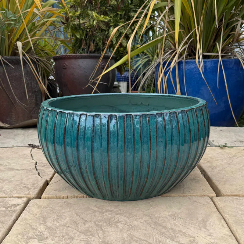Glazed Green Ribbed Low Bowl - Image 4